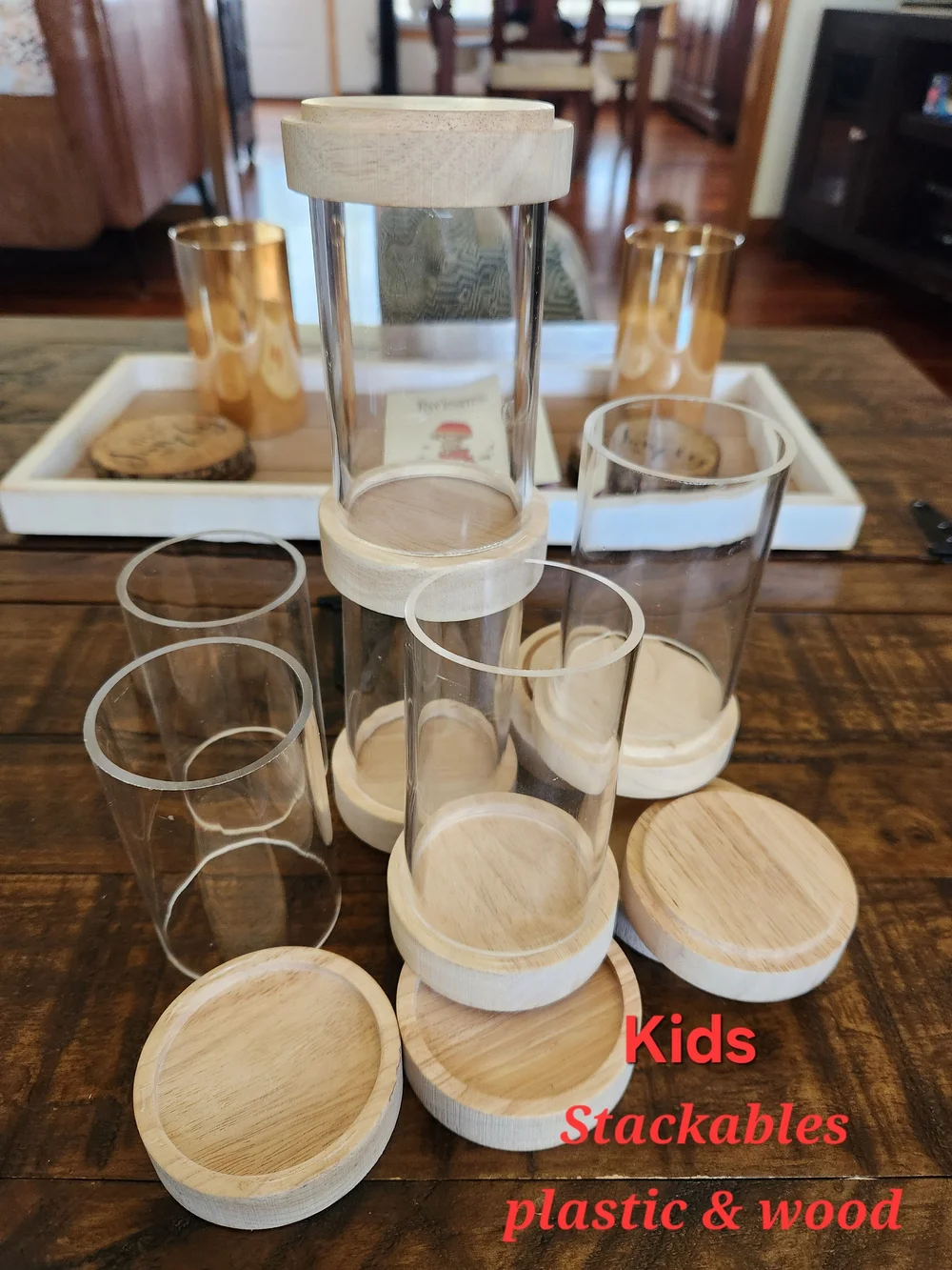 Kids Stackable Wooden & Clear Plastic Cups - Natural